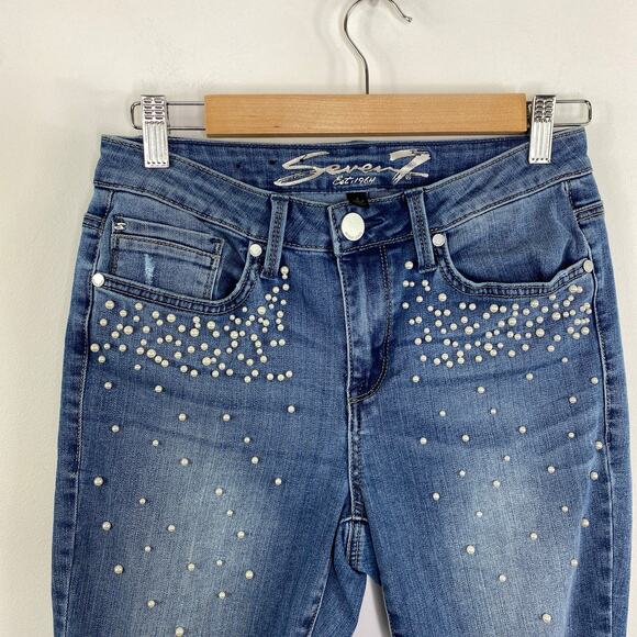 Seven7 Light Wash Blue Pearl Embellished Mid-Rise Skinny Jeans Women's Size 4 - Picture 4 of 9